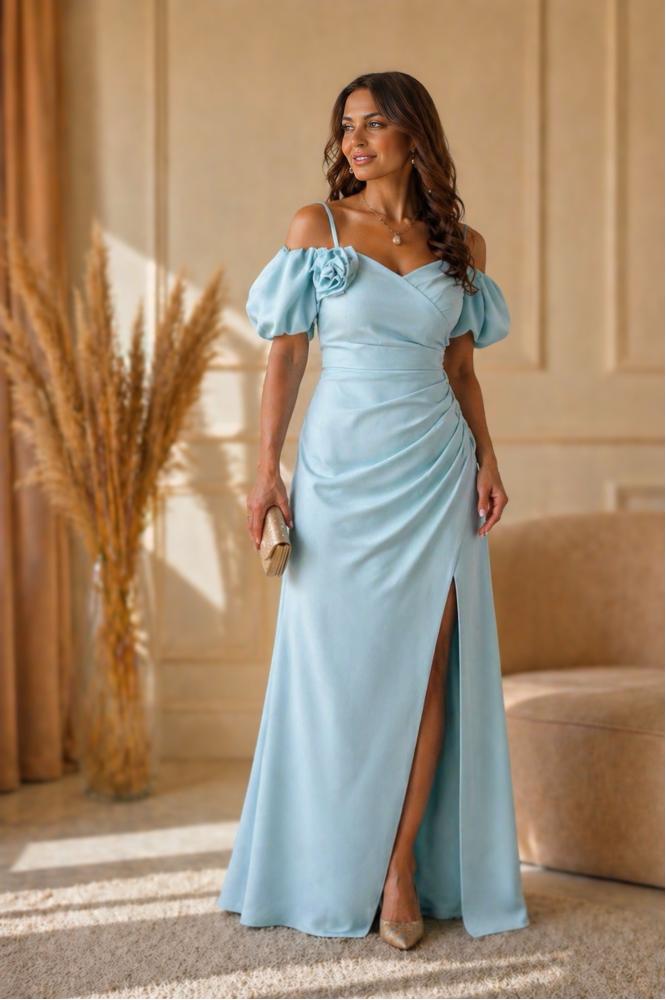 Dlhé mentolové šaty na svadbu s riasením